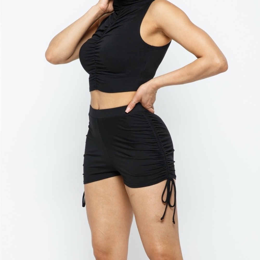 Black Ruched Sleeveless Crop Top and Shorts Set